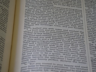 A close-up view of an open book displaying printed text in a column layout. The text appears to be a narrative or a passage from literature, with organized formatting and clear print.