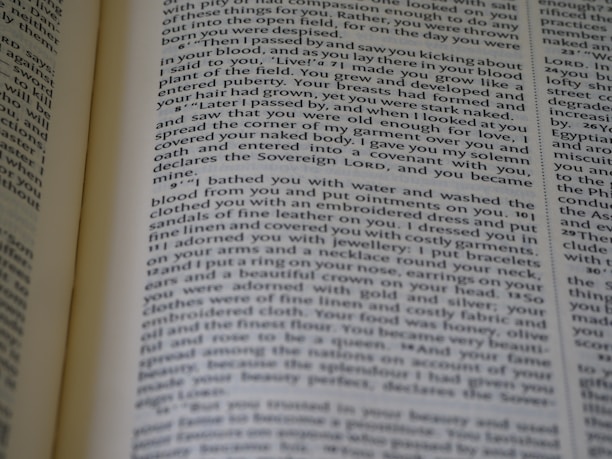A close-up view of an open book displaying printed text in a column layout. The text appears to be a narrative or a passage from literature, with organized formatting and clear print.