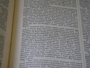 A close-up view of an open book displaying printed text in a column layout. The text appears to be a narrative or a passage from literature, with organized formatting and clear print.