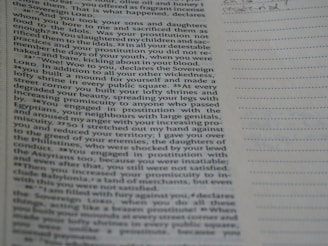 The image contains a close-up view of a printed book page with text primarily on the left side. The right side of the image has lined paper that appears to be a space for notes. The text includes religious and somber themes, visible in phrases like 'Sovereign LORD' and descriptions of practices and behaviors.
