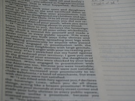 The image contains a close-up view of a printed book page with text primarily on the left side. The right side of the image has lined paper that appears to be a space for notes. The text includes religious and somber themes, visible in phrases like 'Sovereign LORD' and descriptions of practices and behaviors.