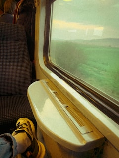 A scenic view from the window of a moving coach.