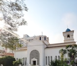 A white church building with classic architectural features, such as arched windows and a decorative facade. The structure is surrounded by lush greenery and is set against a bright, clear sky. Sunlight filters through the branches of a nearby tree, casting dappled light across the scene.