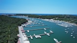 A marina with numerous docks and boats, surrounded by dense green foliage and trees. In the background, there is a view of the sea stretching out to the horizon. The marina area includes some buildings and a road with parked cars along the edge.