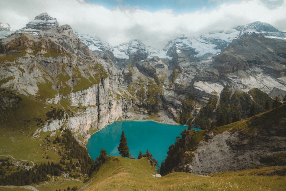 a blue lake surrounded by mountains under a cloudy sky