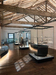 Historic artifacts displayed in a museum gallery with soft lighting