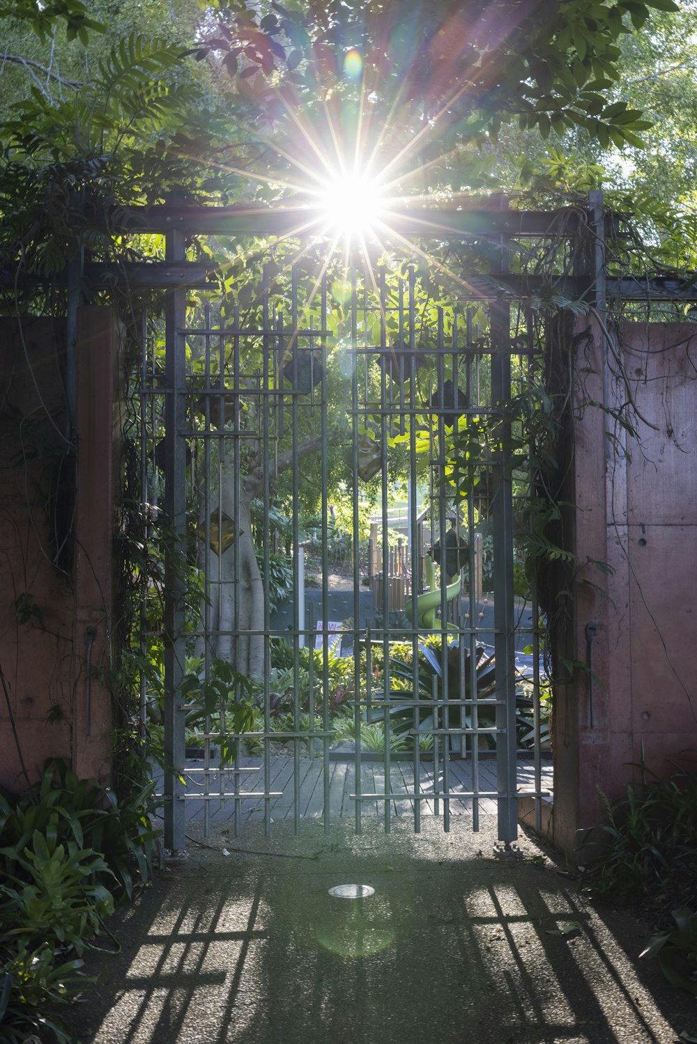 die Sonne, die durch ein Tor in einem Garten scheint