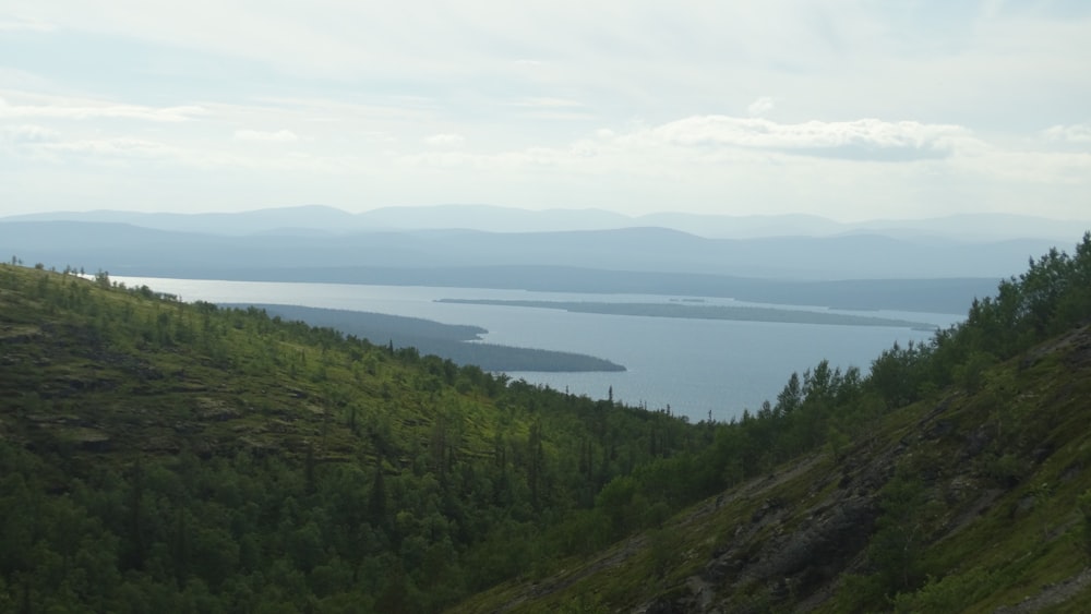 a scenic view of a lake from a hill