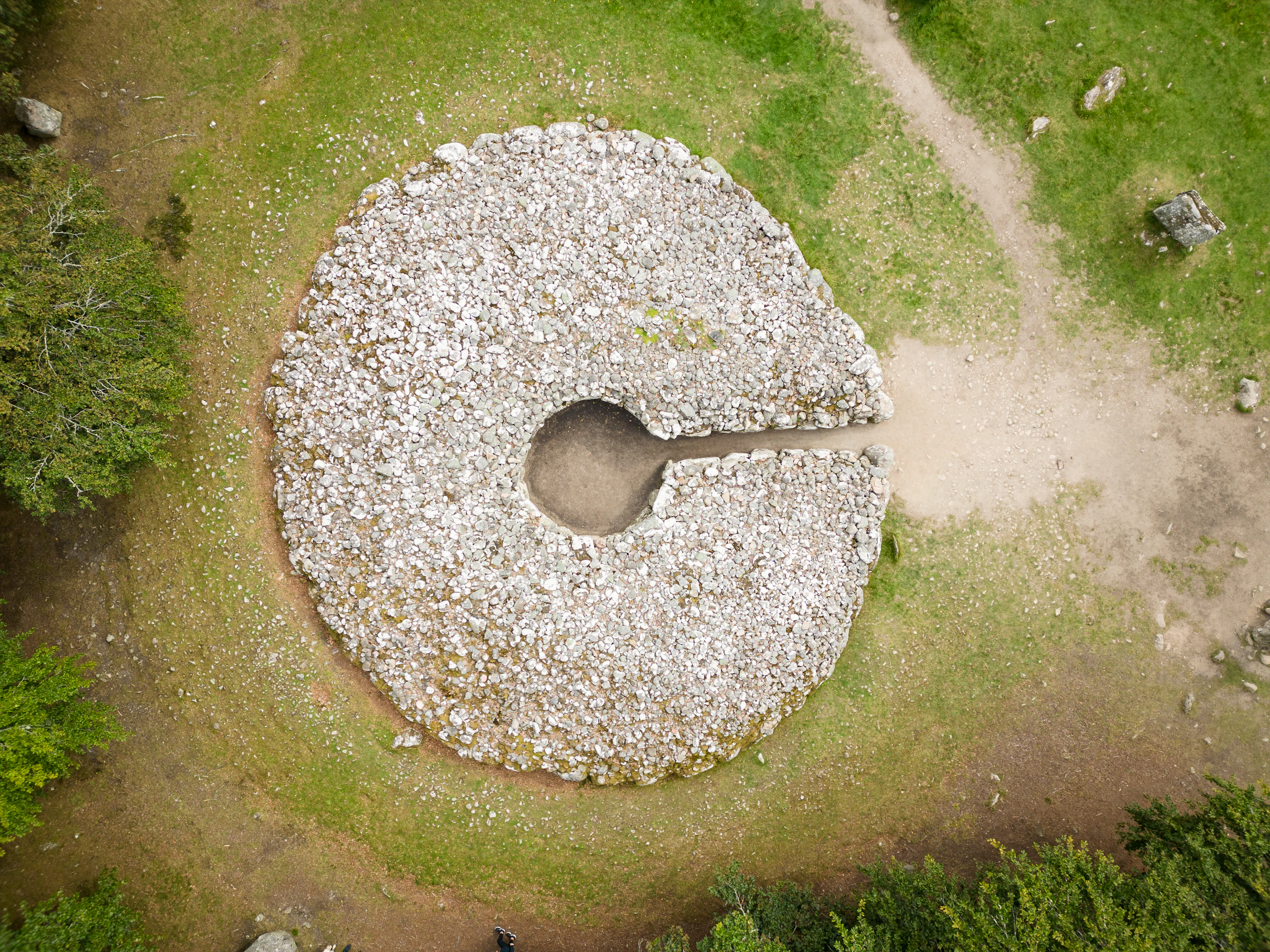 Aerial view of the ancient stone circle and cairn at Clava, near Inverness