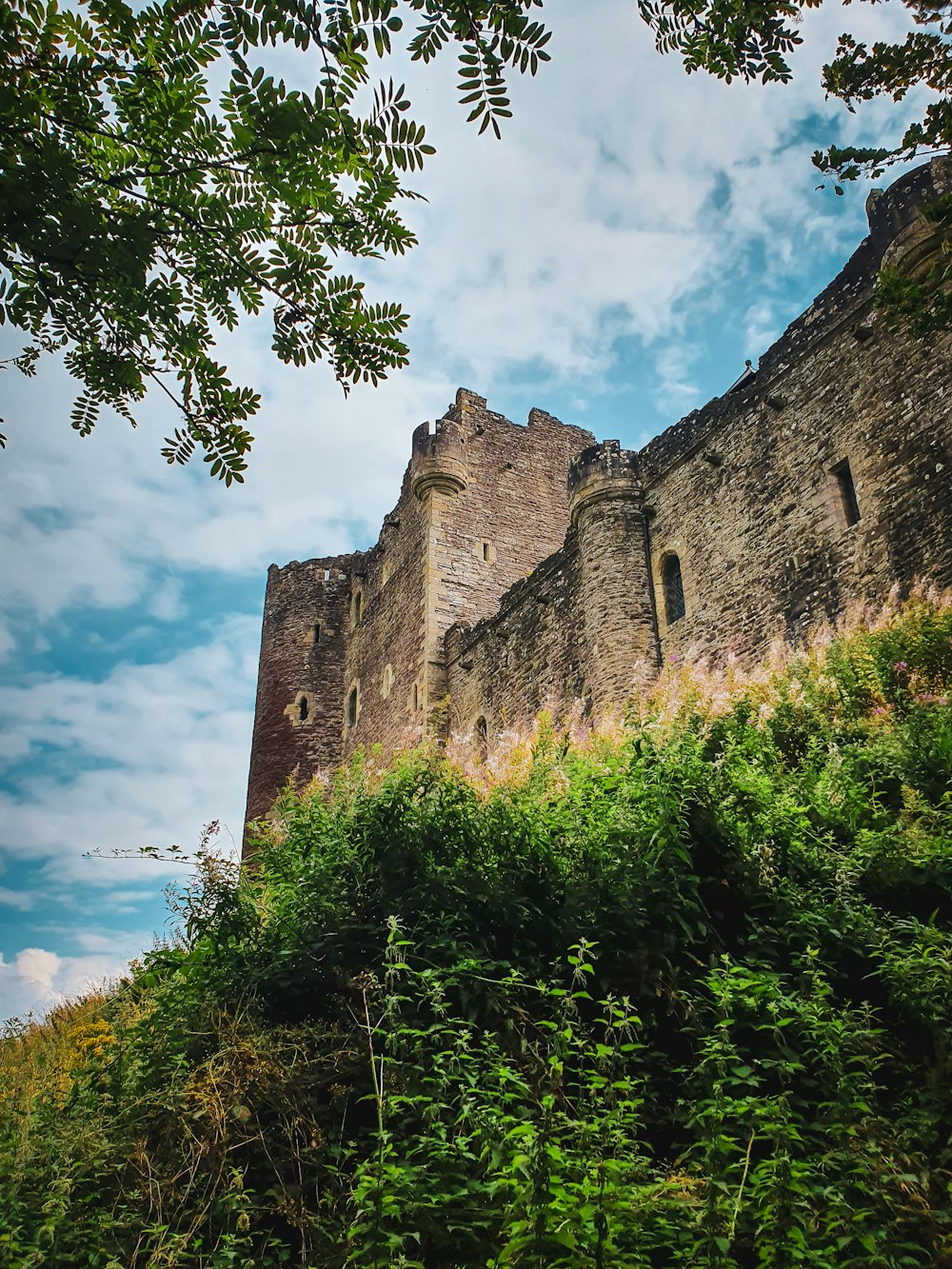 a tall castle sitting on top of a lush green hillside