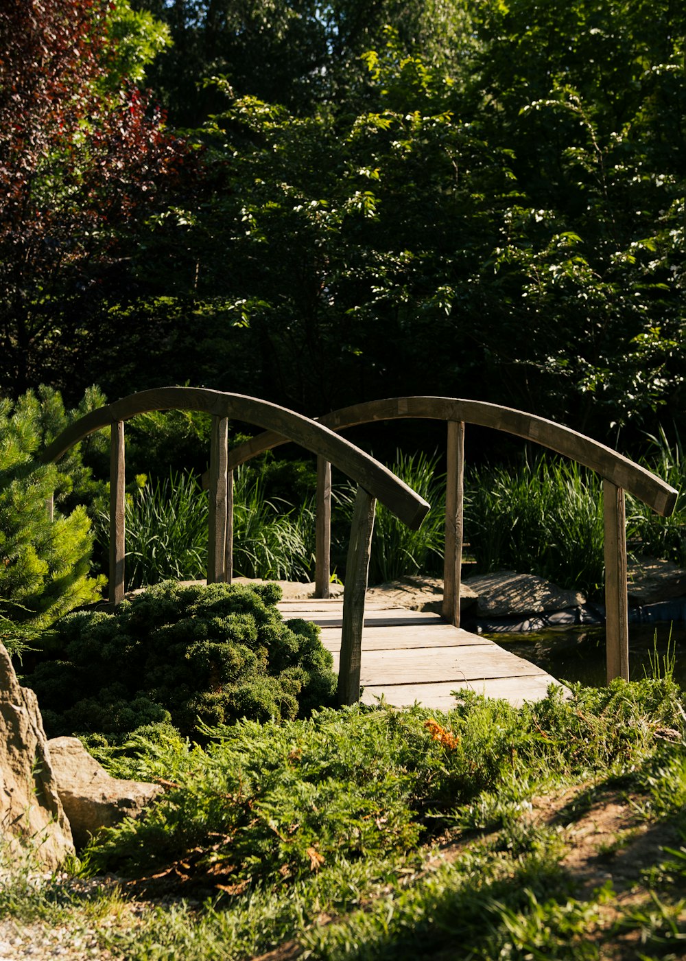 a wooden bridge over a small pond in a park