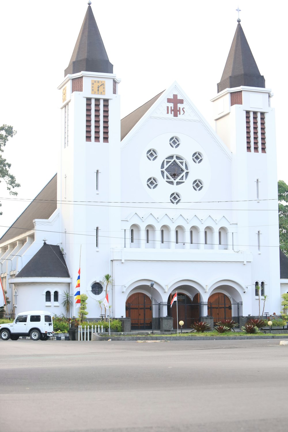 a large white church with two tall towers