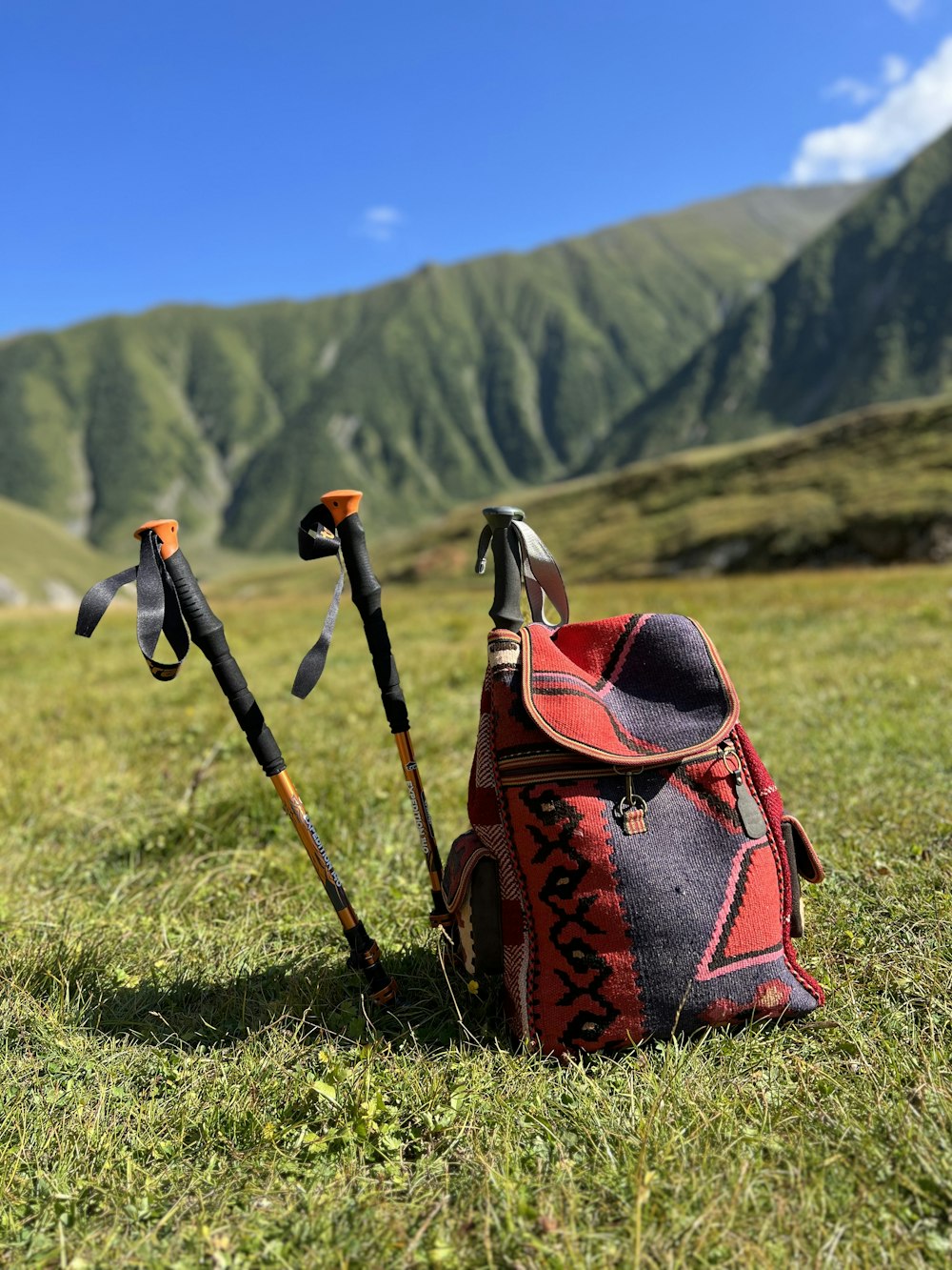 a pair of hiking poles and a backpack sitting in the grass