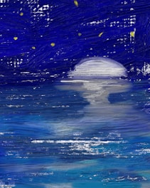 A digital artwork depicting a serene night sky filled with stars above a calm, reflective body of water. The luminous moon is prominent, casting its glow onto the water's surface, creating a tranquil and ethereal atmosphere.