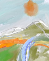 A vivid abstract painting featuring a blend of swirling colors and dynamic brush strokes. The scene includes a bright sun-like shape in the top right, set against a cloudy sky. Below are hills or waves in earthy tones, with splashes of blue, orange, and white creating movement.