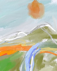 A vivid abstract painting featuring a blend of swirling colors and dynamic brush strokes. The scene includes a bright sun-like shape in the top right, set against a cloudy sky. Below are hills or waves in earthy tones, with splashes of blue, orange, and white creating movement.