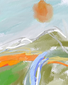 A vivid abstract painting featuring a blend of swirling colors and dynamic brush strokes. The scene includes a bright sun-like shape in the top right, set against a cloudy sky. Below are hills or waves in earthy tones, with splashes of blue, orange, and white creating movement.