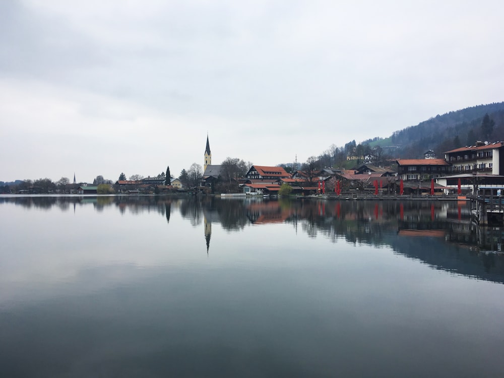 a large body of water with houses on the shore