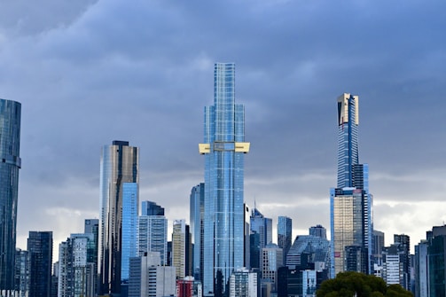 City skyline with modern skyscrapers symbolizing business growth.