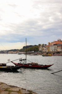 A scenic view of a river bordered by a cityscape. Traditional wooden boats, likely rabelo boats used for transporting port wine, are floating on the water. The background features a row of colorful buildings and a bridge stretching across the river under a partly cloudy sky.