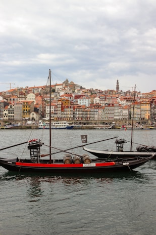 Traditional rabelo boats resting quietly on the calm Douro River under a clear blue sky.