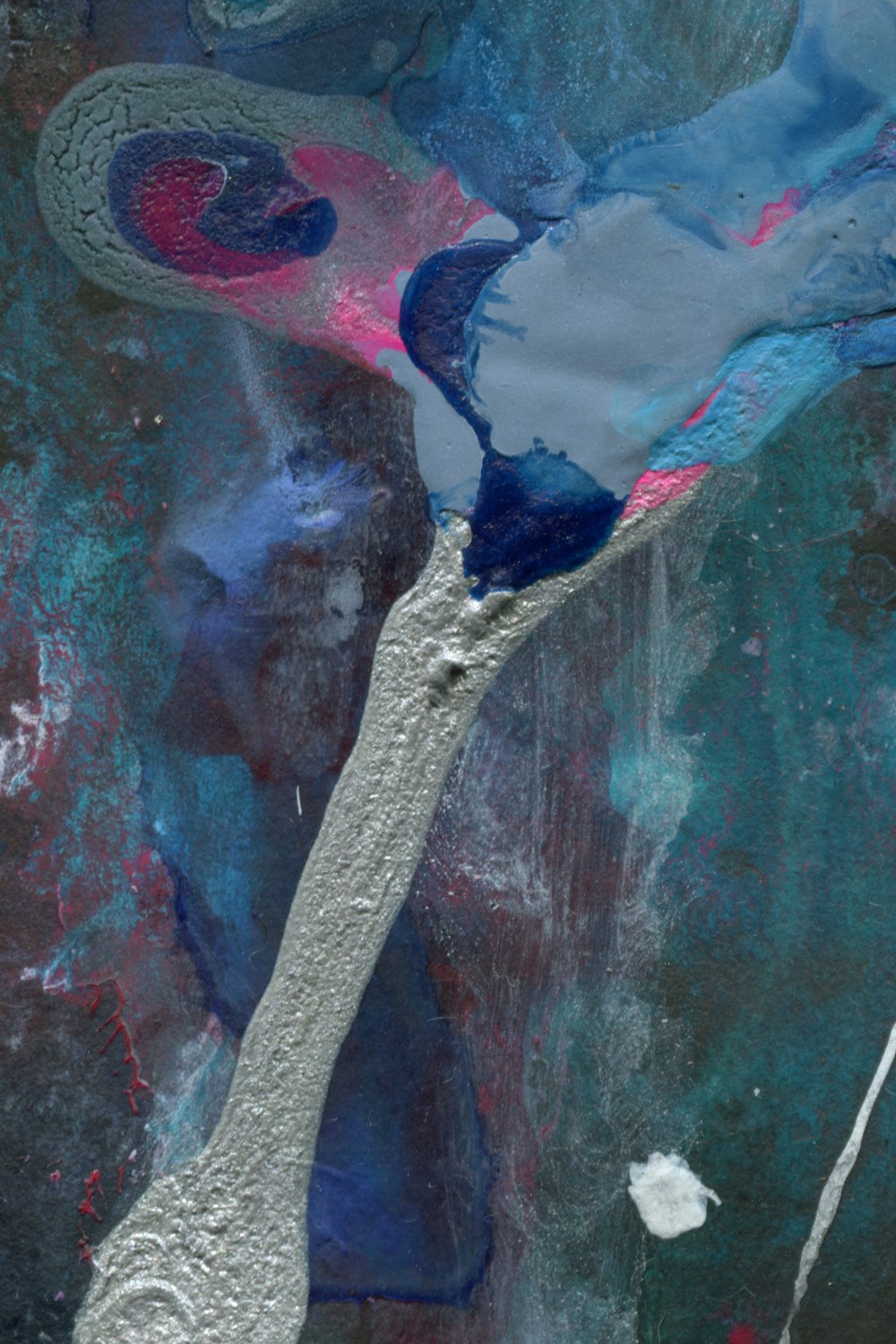 an abstract painting of a blue and pink flower