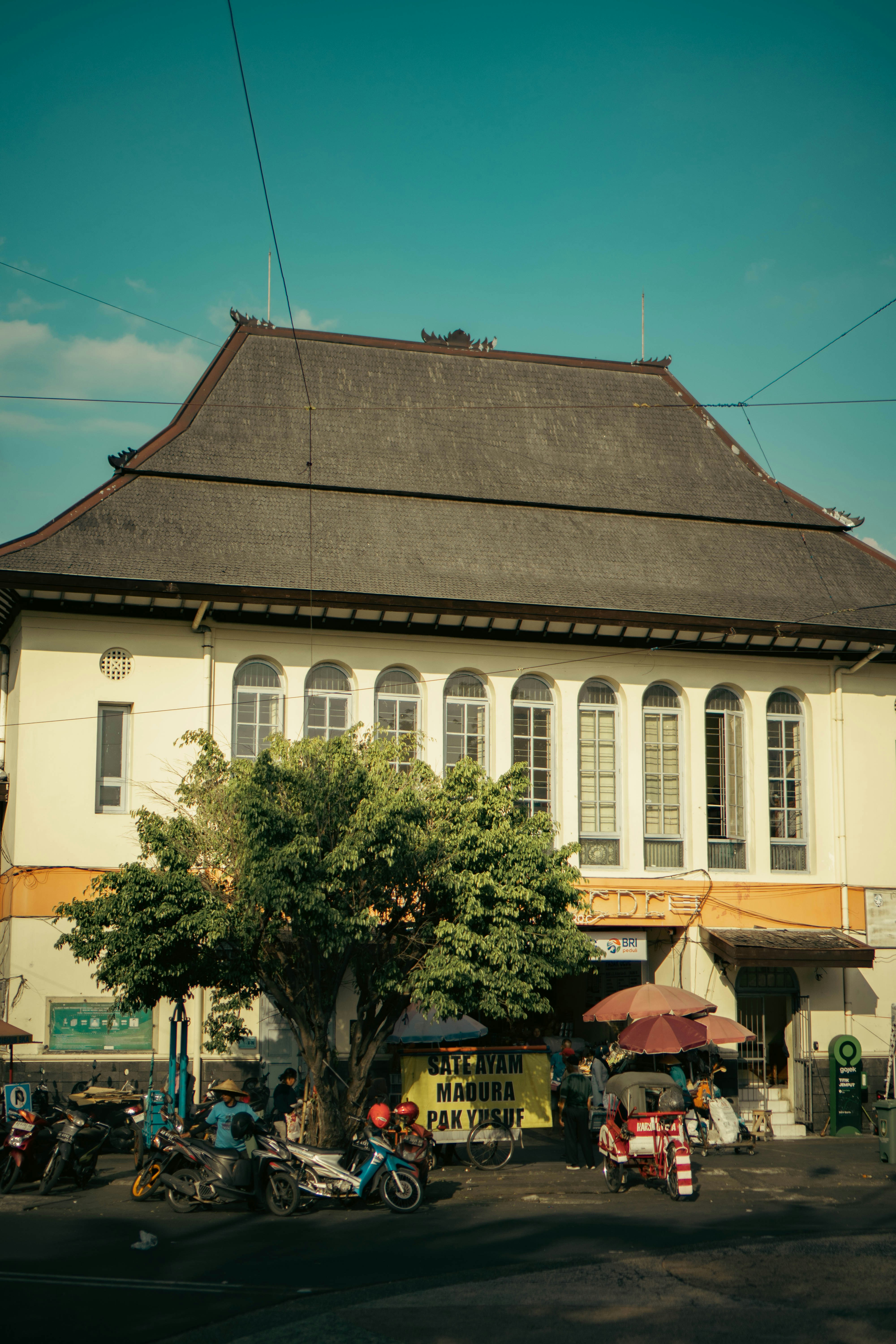 a large white building with a tree in front of it