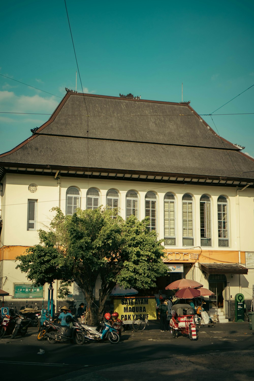 a large white building with a tree in front of it