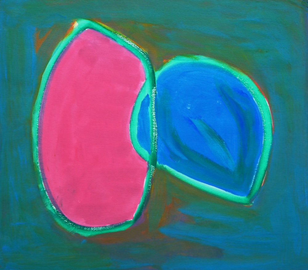 a painting of two blue and pink shapes