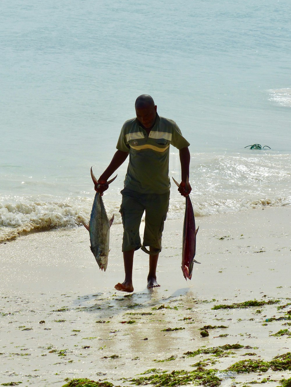 a man walking on a beach holding two fish