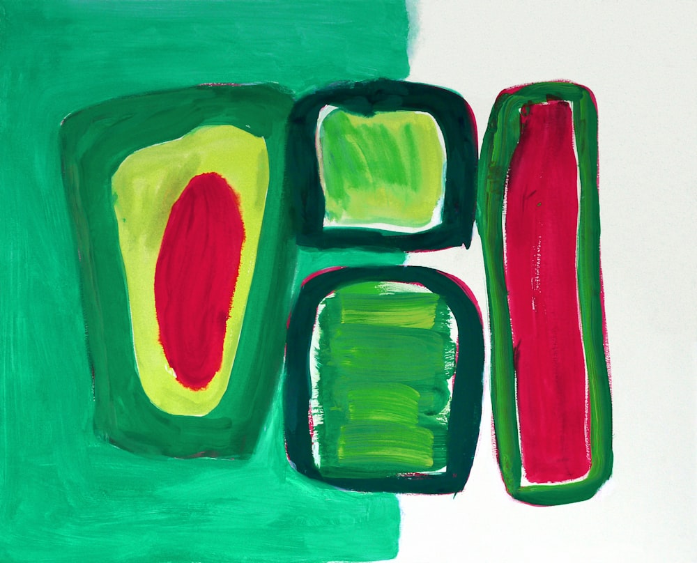 a painting with green, red, and yellow colors