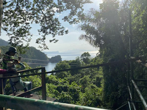 Thrill-seekers ziplining over lush green valleys under a clear sky.