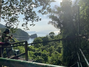 A lush tropical landscape with dense greenery spreads out beneath a clear sky. In the foreground, a person is preparing to enjoy a zipline ride, secured in a harness and helmet. The zipline cable extends over the verdant treetops toward water in the distance. Sunlight filters through the foliage, creating a serene and adventurous atmosphere.