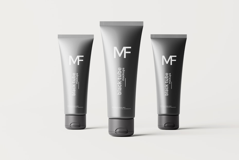 Three black tubes of different sizes are arranged on a plain background. Each tube is labeled with the letters 'MF' and the words 'black tube mockups' in white text. The tubes are cylindrical with flat caps and appear to be standing upright.
