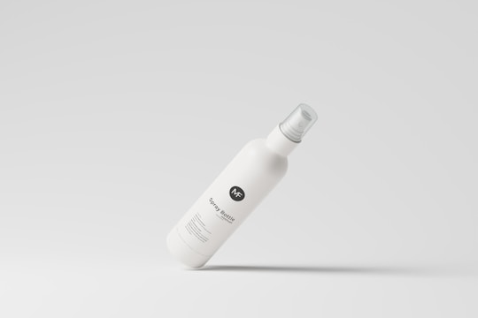 A floating white spray bottle with a simple, minimalist design is centrally positioned against a light gray background. The label features a circular logo with the letters 'NF' and the text 'Spray Bottle' beneath it.