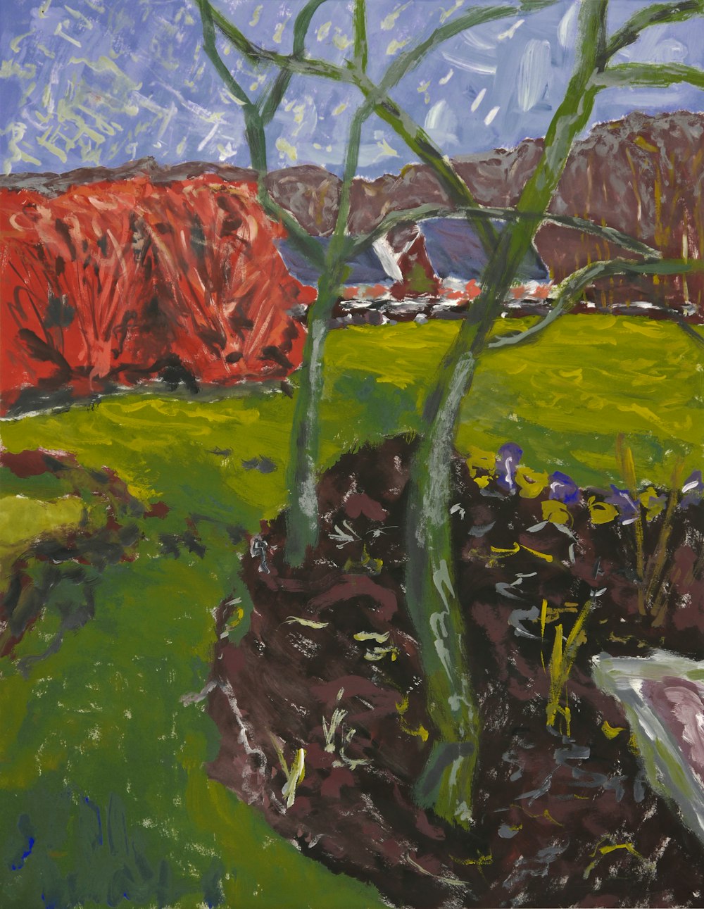 a painting of a tree in a field