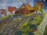 A vibrant, abstract painting of a countryside scene with a house featuring a thatched roof nestled among vivid green fields and patches of autumnal trees. The use of bold brush strokes and vivid colors creates a dynamic and lively composition.