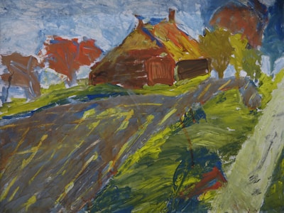 A vibrant, abstract painting of a countryside scene with a house featuring a thatched roof nestled among vivid green fields and patches of autumnal trees. The use of bold brush strokes and vivid colors creates a dynamic and lively composition.