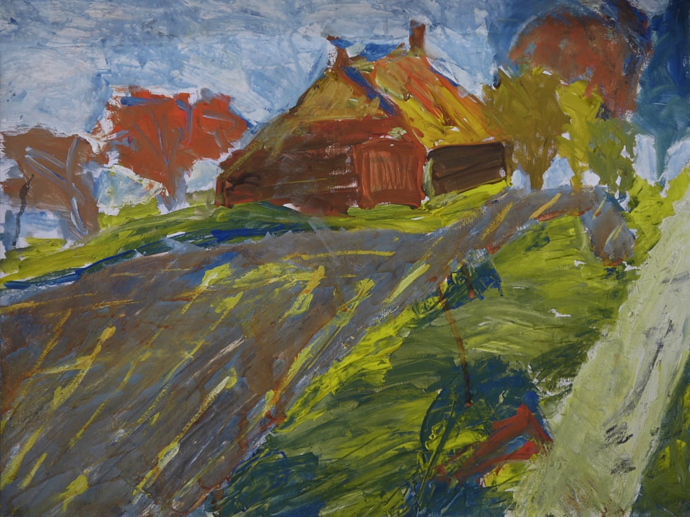 a painting of a house on a hill