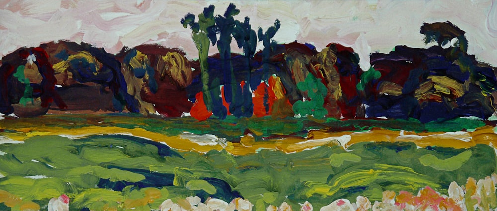 a painting of a field with trees in the background