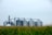 Several large grain silos are visible in the background with interconnected metal structures above them. In the foreground, there is a field of tall green corn.