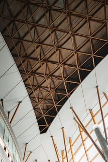 A modern architectural ceiling structure featuring a geometric pattern with intersecting wooden beams and white panels. The design is both intricate and symmetrical, creating an open and spacious atmosphere.