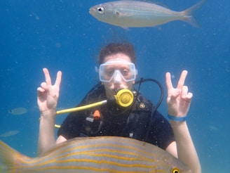 A scuba diver wearing a mask and breathing apparatus is underwater, holding up two peace signs. A fish swims above their head, and another fish is visible in the foreground. The background is a vibrant blue, indicating clear ocean water.