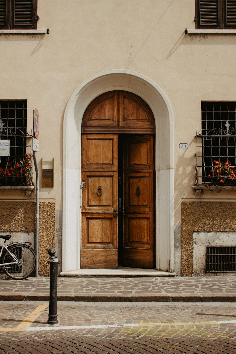 a bike parked in front of a building