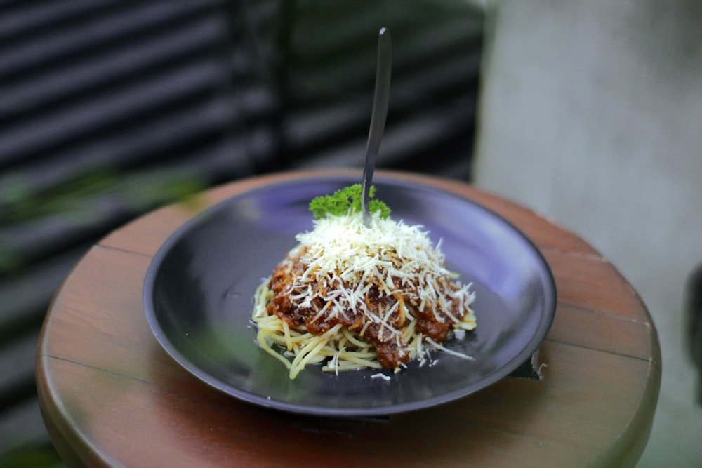 a plate of food on a wooden table