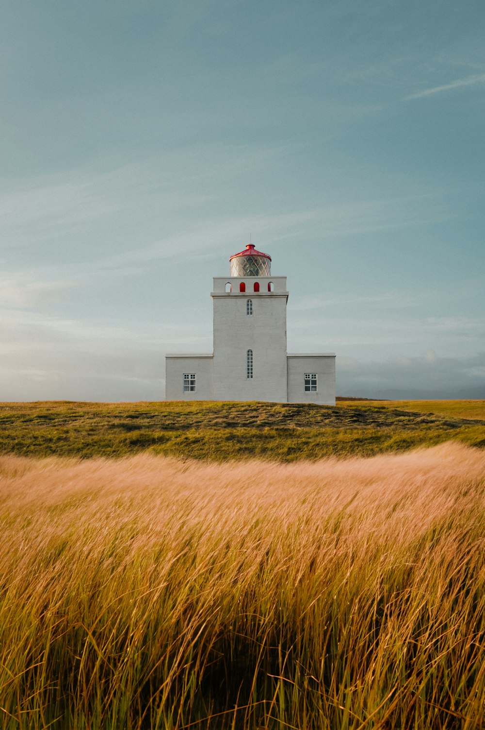 a white lighthouse with a red top in a field of tall grass