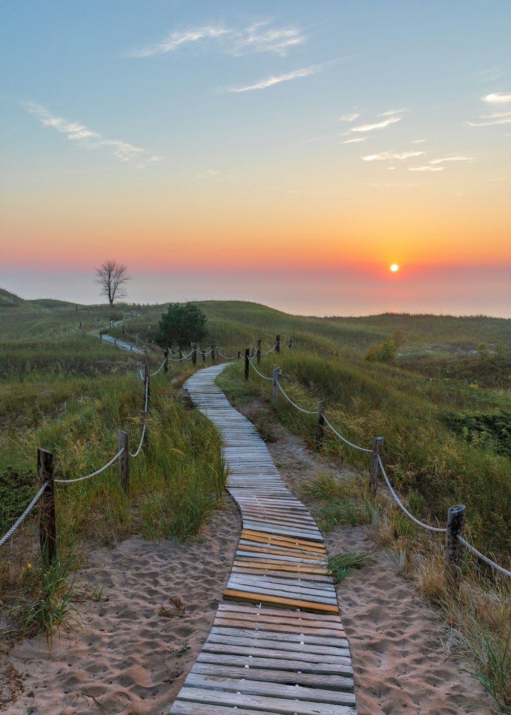 a wooden path leading to a sunset on a beach
