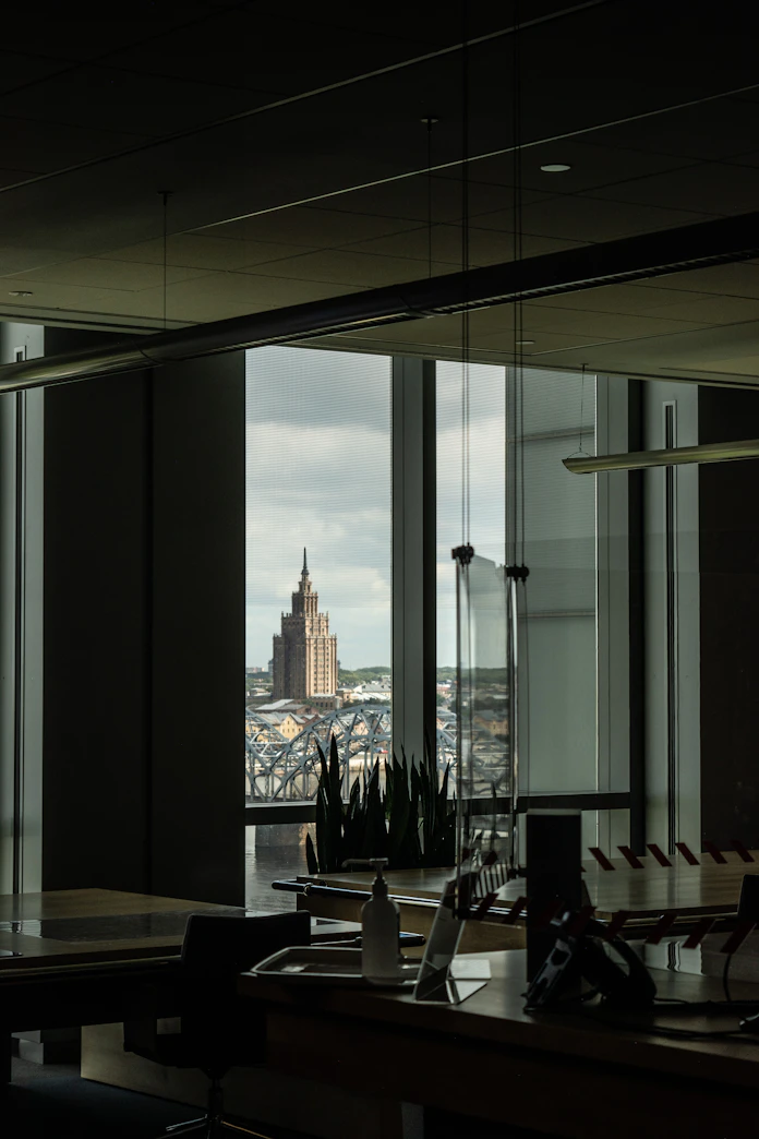 an office with a view of a city