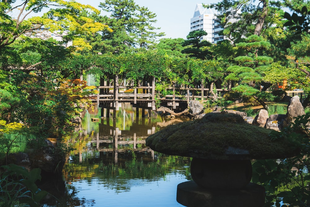 a small bridge over a small pond in a park