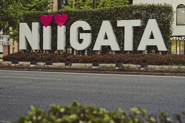 Large white letters spelling out 'NIIGATA' are displayed outdoors with two heart symbols above the 'I's. The letters are placed against a backdrop of green shrubbery, with surrounding urban elements like a road and buildings.